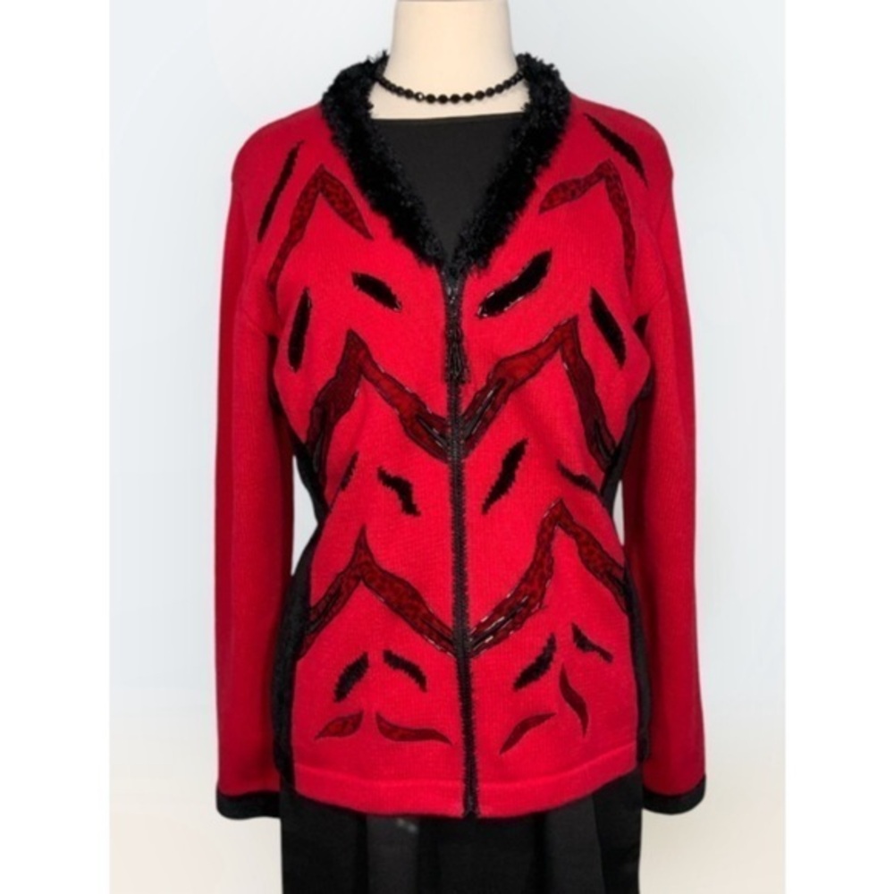Berek Vintage Red & Black Beaded~Velvet~Fur~Zip Up Cardigan Sweater Large